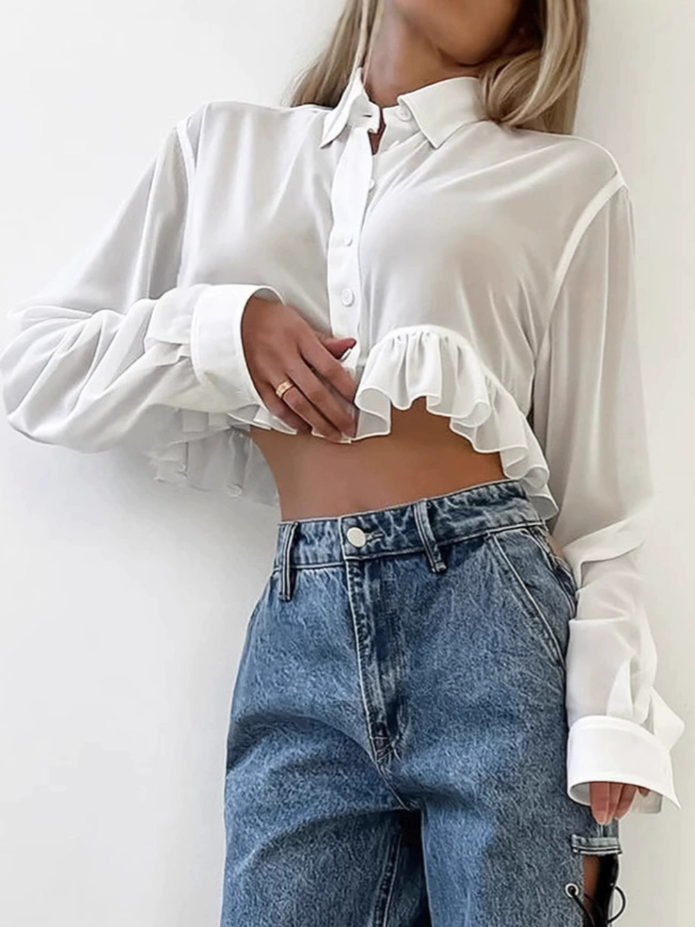 Forever 21 Ruffle Chiffon Collared Blouse Summer Cropped Long Sleeve
